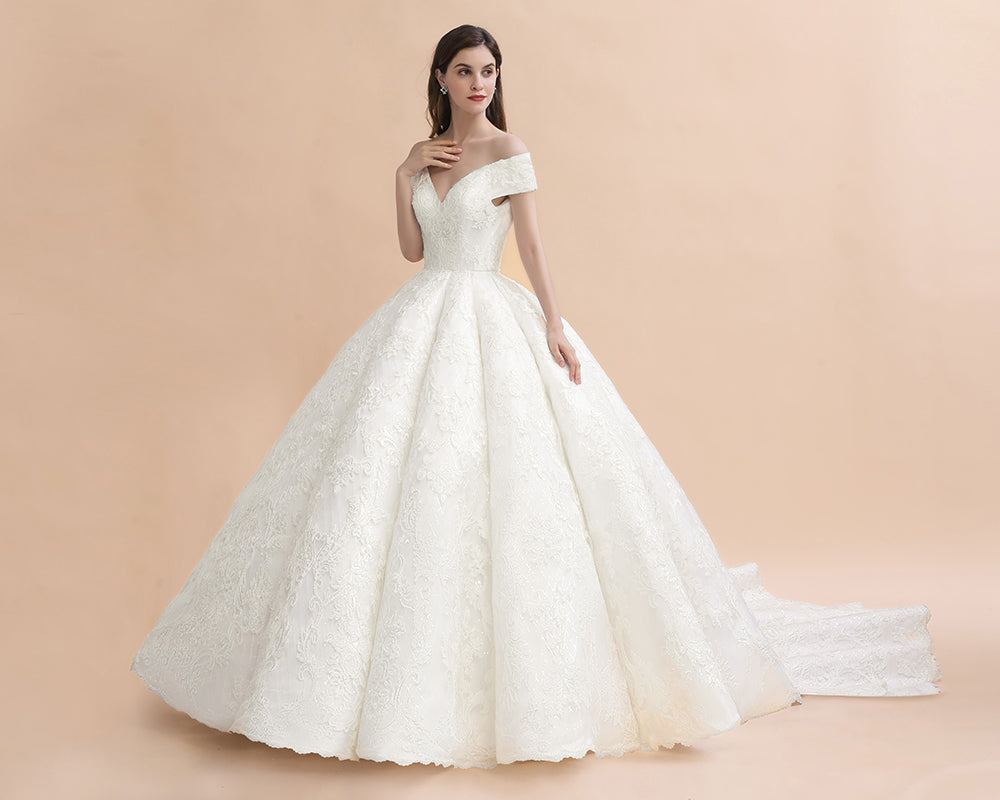 Off Shoulder Floor Length Bridal Gowns Lace Appliques Chapel Train Wedding Dress-misshow.com