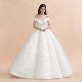 Off Shoulder Floor Length Bridal Gowns Lace Appliques Chapel Train Wedding Dress