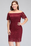 Off-Shoulder Short Mermaid Plus size Lace Burgundy Cocktail Dresses with Sleeves