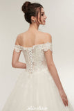 This beautiful Off-shoulder Sweetheart A-line Lace-up Floor Length Lace Appliques Wedding Dresses will make your guests say wow. The Off-the-shoulder bodice is thoughtfully lined, and the Floor-length skirt with Lace,Appliques,Ruffles,Split Front to provide the airy, flatter look of Tulle,Lace.