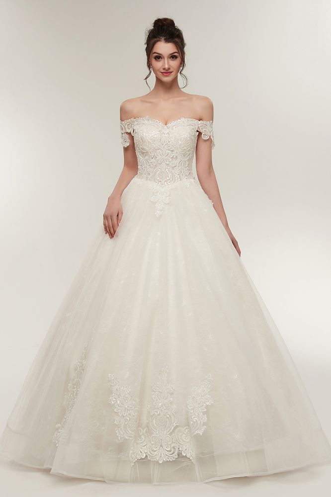 This beautiful Off-shoulder Sweetheart A-line Lace-up Floor Length Lace Appliques Wedding Dresses will make your guests say wow. The Off-the-shoulder bodice is thoughtfully lined, and the Floor-length skirt with Lace,Appliques,Ruffles,Split Front to provide the airy, flatter look of Tulle,Lace.