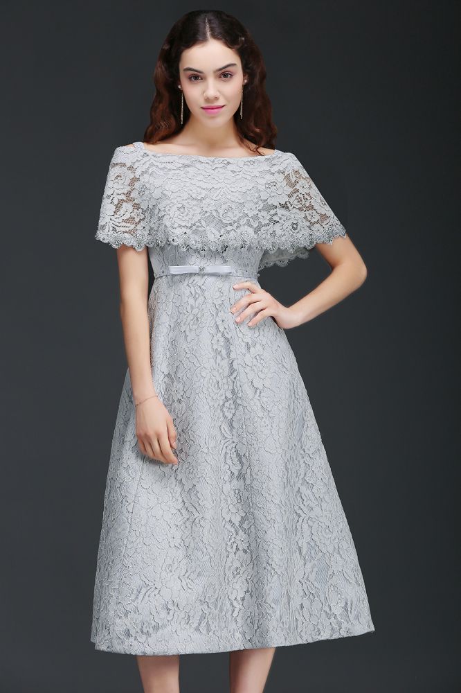MISSHOW offers gorgeous Silver Off-the-shoulder party dresses with delicately handmade Lace in size 0-26W. Shop Tea-length prom dresses at affordable prices.
