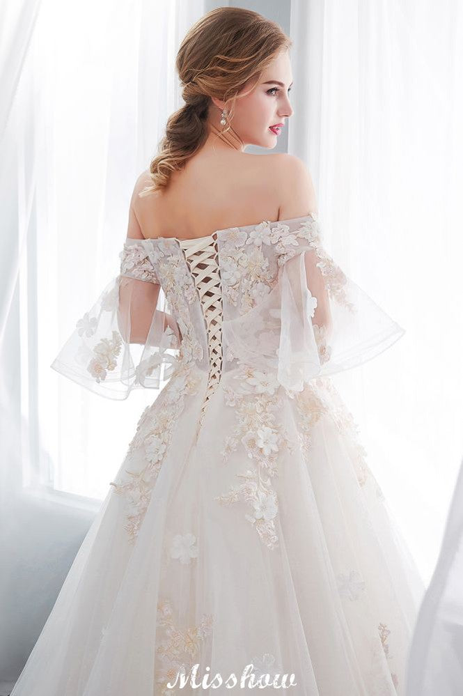 Looking for  in Satin,Tulle, A-line style, and Gorgeous Appliques work  MISSHOW has all covered on this elegant NANCE, Off-the-shoulder Aline Ball Gown Floor Length Appliques Tulle Wedding Dress