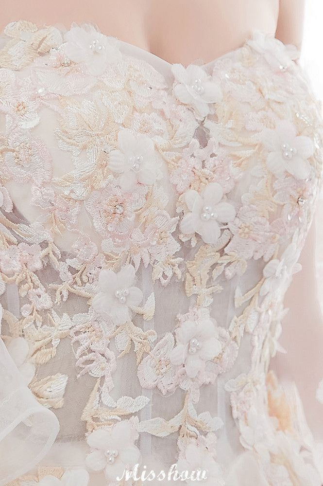 Looking for  in Satin,Tulle, A-line style, and Gorgeous Appliques work  MISSHOW has all covered on this elegant NANCE, Off-the-shoulder Aline Ball Gown Floor Length Appliques Tulle Wedding Dress