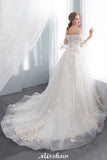 Looking for  in Satin,Tulle, A-line style, and Gorgeous Appliques work  MISSHOW has all covered on this elegant NANCE, Off-the-shoulder Aline Ball Gown Floor Length Appliques Tulle Wedding Dress