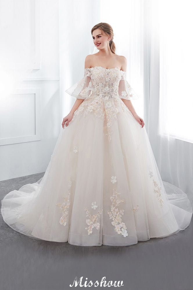 Off Shoulder Long Sleeve Lace Tulle Ball Gown Wedding Dresses , AB1507 –  AlineBridal