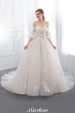 Looking for  in Satin,Tulle, A-line style, and Gorgeous Appliques work  MISSHOW has all covered on this elegant NANCE, Off-the-shoulder Aline Ball Gown Floor Length Appliques Tulle Wedding Dress