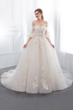 Looking for  in Satin,Tulle, A-line style, and Gorgeous Appliques work  MISSHOW has all covered on this elegant NANCE, Off-the-shoulder Aline Ball Gown Floor Length Appliques Tulle Wedding Dress
