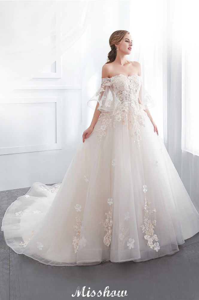 Looking for  in Satin,Tulle, A-line style, and Gorgeous Appliques work  MISSHOW has all covered on this elegant NANCE, Off-the-shoulder Aline Ball Gown Floor Length Appliques Tulle Wedding Dress