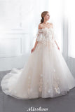 Looking for  in Satin,Tulle, A-line style, and Gorgeous Appliques work  MISSHOW has all covered on this elegant NANCE, Off-the-shoulder Aline Ball Gown Floor Length Appliques Tulle Wedding Dress