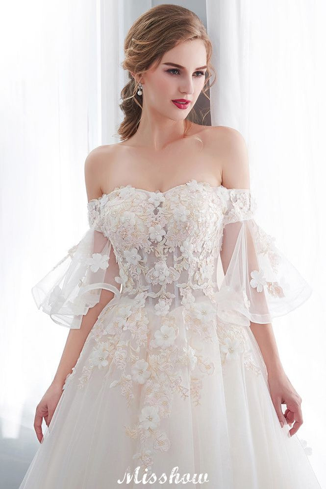 Looking for  in Satin,Tulle, A-line style, and Gorgeous Appliques work  MISSHOW has all covered on this elegant NANCE, Off-the-shoulder Aline Ball Gown Floor Length Appliques Tulle Wedding Dress