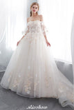 Looking for  in Satin,Tulle, A-line style, and Gorgeous Appliques work  MISSHOW has all covered on this elegant NANCE, Off-the-shoulder Aline Ball Gown Floor Length Appliques Tulle Wedding Dress