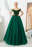 Off the Shoulder aline Princess Ball Gown Tulle Floor Length Beadings Party Gown Lace-up