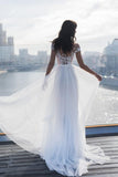 Off The Shoulder Appliques A-line Wedding Dresses | Side Split Tulle Bridal Gowns-misshow.com