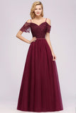Off the Shoulder Burgundy Aline Bridesmaid Dress Floor Length Tulle Evening Maxi Gown