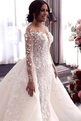 Off-the-Shoulder Deep V-Neck Wedding Dress with Overskirt-misshow.com
