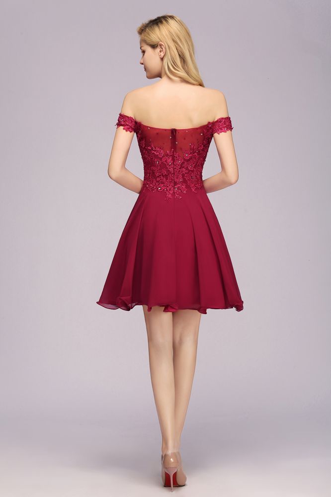Off the Shoulder Floral Lace Short Homecoming Dress Burgundy Knee Length Chiffon Evening Dress | MISSHOW misshow.com Off the Shoulder Floral Lace Short Homecoming Dress Burgundy Knee Length Chiffon Evening Dress | MISSHOW misshow.com