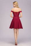 MISSHOW offers Off the Shoulder Floral Lace Short Homecoming Dress Burgundy Knee Length Chiffon Evening Dress at a good price from Misshow