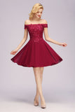 MISSHOW offers Off the Shoulder Floral Lace Short Homecoming Dress Burgundy Knee Length Chiffon Evening Dress at a good price from Misshow