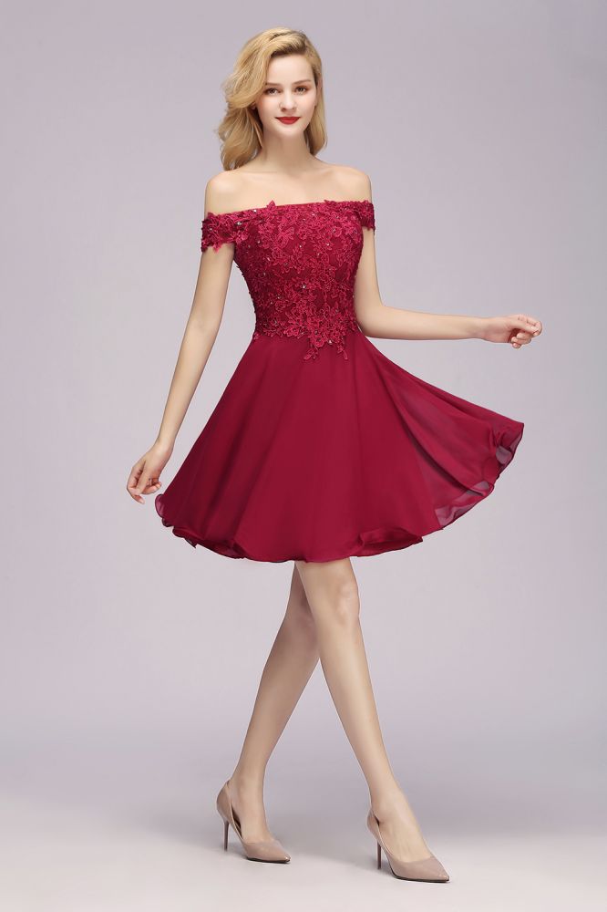 Off the Shoulder Floral Lace Short Homecoming Dress Burgundy Knee Length Chiffon Evening Dress | MISSHOW Off the Shoulder Floral Lace Short Homecoming Dress Burgundy Knee Length Chiffon Evening Dress | MISSHOW