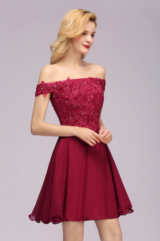 Off the Shoulder Floral Lace Short Homecoming Dress Burgundy Knee Length Chiffon Evening Dress | MISSHOW misshow.com Off the Shoulder Floral Lace Short Homecoming Dress Burgundy Knee Length Chiffon Evening Dress | MISSHOW misshow.com