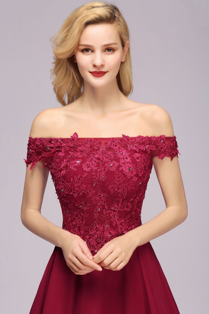 Off the Shoulder Floral Lace Short Homecoming Dress Burgundy Knee Length Chiffon Evening Dress | MISSHOW misshow.com Off the Shoulder Floral Lace Short Homecoming Dress Burgundy Knee Length Chiffon Evening Dress | MISSHOW misshow.com