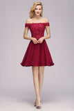 Off the Shoulder Floral Lace Short Homecoming Dress Burgundy Knee Length Chiffon Evening Dress