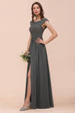 Off the Shoulder Front Side Split Bridesmaid Dress A-line Wedding Guest Dress-misshow.com