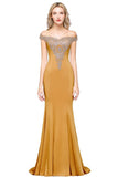 Looking for Prom Dresses,Evening Dresses,Homecoming Dresses,Bridesmaid Dresses,Quinceanera dresses in Healthy cloth, Mermaid style, and Gorgeous Lace,Rhinestone work  MISSHOW has all covered on this elegant Off the Shoulder Gold Appliques Mermaid Evening Gowns Slim Prom Dress.