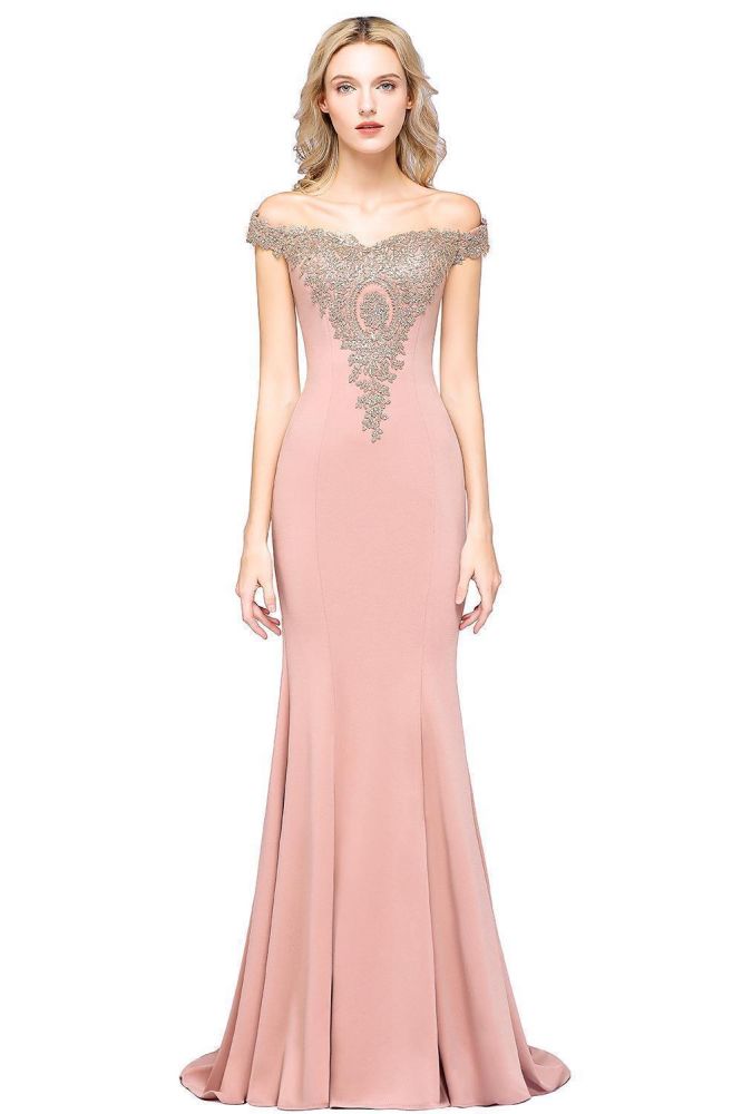 Looking for Prom Dresses,Evening Dresses,Homecoming Dresses,Bridesmaid Dresses,Quinceanera dresses in Healthy cloth, Mermaid style, and Gorgeous Lace,Rhinestone work  MISSHOW has all covered on this elegant Off the Shoulder Gold Appliques Mermaid Evening Gowns Slim Prom Dress.