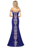 Looking for Prom Dresses,Evening Dresses,Homecoming Dresses,Bridesmaid Dresses,Quinceanera dresses in Healthy cloth, Mermaid style, and Gorgeous Lace,Rhinestone work  MISSHOW has all covered on this elegant Off the Shoulder Gold Appliques Mermaid Evening Gowns Slim Prom Dress.