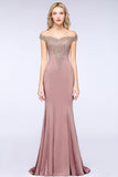 Looking for Prom Dresses,Evening Dresses,Homecoming Dresses,Bridesmaid Dresses,Quinceanera dresses in Healthy cloth, Mermaid style, and Gorgeous Lace,Rhinestone work  MISSHOW has all covered on this elegant Off the Shoulder Gold Appliques Mermaid Evening Gowns Slim Prom Dress.