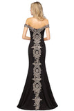 Looking for Prom Dresses,Evening Dresses,Homecoming Dresses,Bridesmaid Dresses,Quinceanera dresses in Healthy cloth, Mermaid style, and Gorgeous Lace,Rhinestone work  MISSHOW has all covered on this elegant Off the Shoulder Gold Appliques Mermaid Evening Gowns Slim Prom Dress.