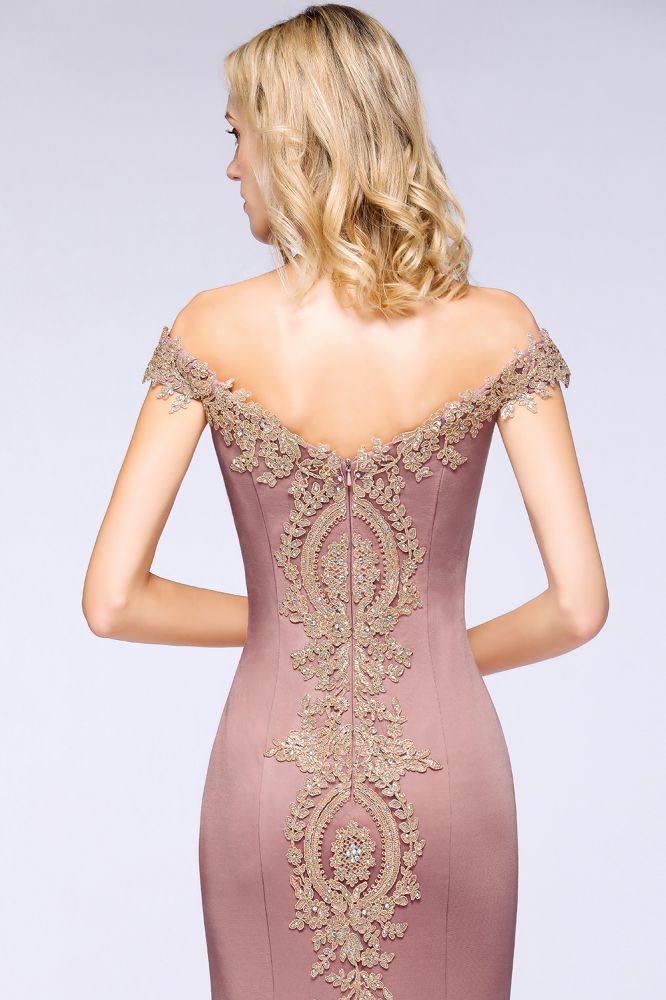 Looking for Prom Dresses,Evening Dresses,Homecoming Dresses,Bridesmaid Dresses,Quinceanera dresses in Healthy cloth, Mermaid style, and Gorgeous Lace,Rhinestone work  MISSHOW has all covered on this elegant Off the Shoulder Gold Appliques Mermaid Evening Gowns Slim Prom Dress.
