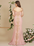 Off the Shoulder Gold Appliques Mermaid Evening Gowns Slim Prom Dress-misshow.com