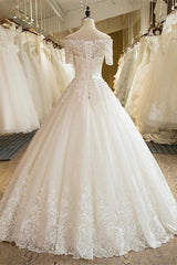 Off-the-Shoulder Lace Tulle 1/2 Sleeves Wedding Dress-misshow.com