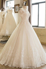Off-the-Shoulder Lace Tulle 1/2 Sleeves Wedding Dress-misshow.com