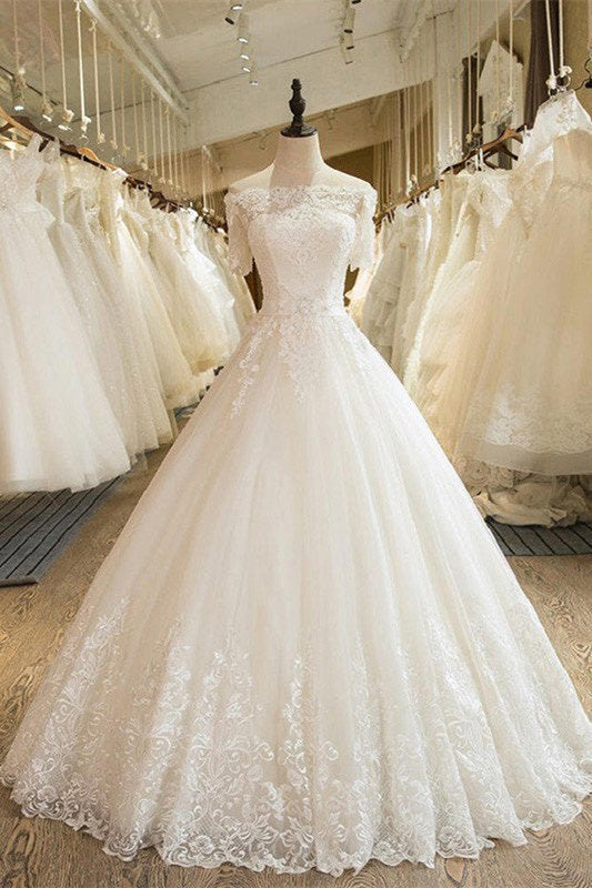Off-the-Shoulder Lace Tulle 1/2 Sleeves Wedding Dress-misshow.com