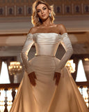 Off-the-Shoulder Long Sleeves Satin Mermaid Wedding Dress with Detachable Tail-misshow.com