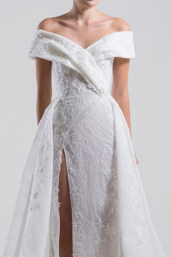 Off-the-Shoulder Mermaid Bridal Gown Side Split s Wedding Dress-misshow.com
