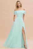 Looking for Bridesmaid Dresses in 100D Chiffon, A-line style, and Gorgeous  work  MISSHOW has all covered on this elegant Off the Shoulder Mini-Green Front Slit Bridesmaid Dress Aline Beach Wedding Dress.