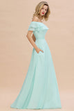 Looking for Bridesmaid Dresses in 100D Chiffon, A-line style, and Gorgeous  work  MISSHOW has all covered on this elegant Off the Shoulder Mini-Green Front Slit Bridesmaid Dress Aline Beach Wedding Dress.