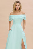 Looking for Bridesmaid Dresses in 100D Chiffon, A-line style, and Gorgeous  work  MISSHOW has all covered on this elegant Off the Shoulder Mini-Green Front Slit Bridesmaid Dress Aline Beach Wedding Dress.