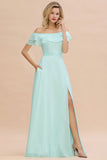 Off the Shoulder Mini-Green Front Slit Bridesmaid Dress Aline Beach Wedding Dress