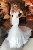 Off-the-Shoulder Puffy Tulle Wedding Dress Mermaid Appliques Sweep Train Bridal Wears