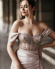 Off-the-Shoulder Satin Mermaid Prom Evening Dresses Side Slit with Detachable Train-misshow.com