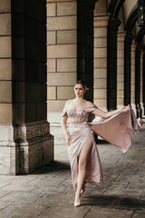 Off-the-Shoulder Satin Mermaid Prom Evening Dresses Side Slit with Detachable Train-misshow.com