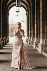 Off-the-Shoulder Satin Mermaid Prom Evening Dresses Side Slit with Detachable Train-misshow.com