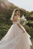 Off-the-Shoulder Simple Wedding Dress Tulle Lace Aline Beach Wedding Dress-misshow.com