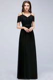 Off-the-shoulder Sleeveless Floor-Length A-line Bridesmaid Dresses Chiffon Lace V-Neck Prom Dress